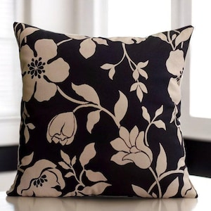 Black Beige Pillow, Floral Throw Pillow, Boho Cushion Cover, Vintage Lumbar Pillow, Cozy Couch Pillow, Black Woven Pillow, Custom Size Sham