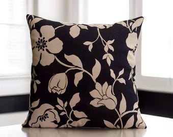 Black Beige Pillow, Floral Throw Pillow, Boho Cushion Cover, Vintage Lumbar  Pillow, Cozy Couch Pillow, Black Primary color: Black/Beige Pattern