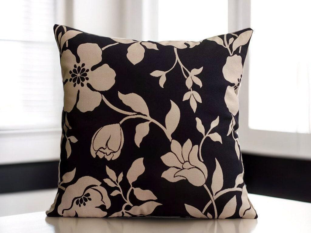 Black Beige Pillow, Floral Throw Pillow, Boho Cushion Cover