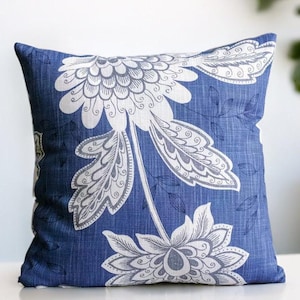 Toile Throw Pillow, Floral Pillow Cover, Blue White Cushion, Boho Euro Sham, Cosy Accent Pillow, Toile Couch Pillow, Indigo Blue Sofa Pillow
