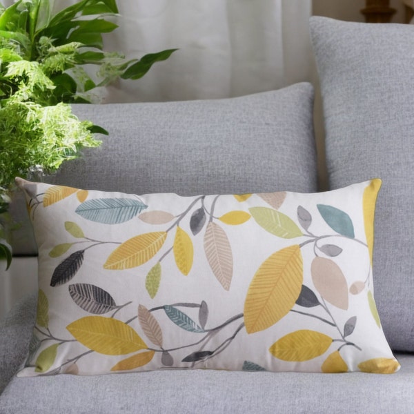 Yellow Leaves Pillow Cover, Leaf Throw Pillow, Kitchen Grey Yellow Cushion, Decorative Lumbar Pillow, Mustard Throw Pillow Cover Gift 18x18