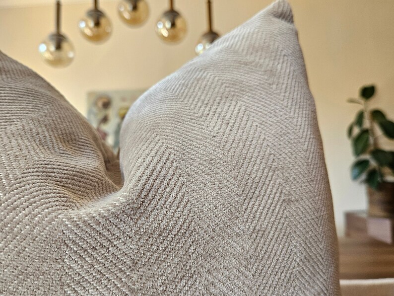 Textured Throw Pillow, Neutral Velvet Pillow, Greige Cushion, Herringbone Couch Pillow