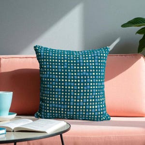 Teal Blue Pillow, Teal Velvet Pillow, Designer Cushion, Checked Euro Sham, Boho Throw Pillow, Funky Home Decor, Gift Idea, Cute Couch Pillow