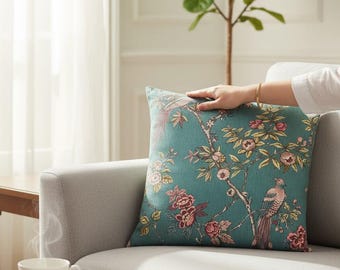 Teal Bird & Floral Throw Pillow Cover – Vintage Châteaucore Style Cushion for Elegant Home Décor