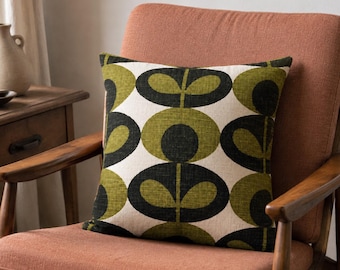 Green Mid Century Pillow Case, Olive Green Cream Cushion, Art Deco Geometric Decor, Oval Flower Design Accent, Scandinavian Slub Cotton Sham