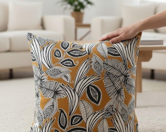 Mustard Orange Pillow Cover, Tropical Leaf Cushion Cover, Black Botanical Euro Sham, Boho Jungle Throw Pillow, Custom Size Accent Pillow