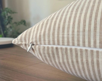 Cojín de lino a rayas, cojín decorativo de lino, cojín beige y blanco, decoración acogedora para el hogar, cojín de sofá bohemio, cojín de acento neutro, cojín lumbar texturizado