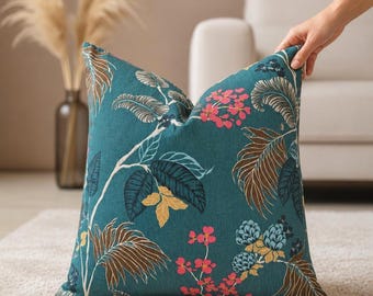 Green Floral Pillow Cover, Thick Cotton Couch Pillow, Nature Lover Home Gift, Small Flowers Cushion, Boho Exotic Euro Sham, Statement Pillow