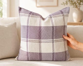 Purple Plaid Pillow Cover, Lilac Tartan Cushion, Lavender Beige Throw Pillow Case, Neutral Farmhouse Euro Sham, Checked Woven Sofa Pillow
