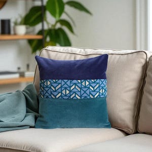 One Of A Kind Geometric Throw Pillow Cover, Teal Navy Velvet Cushion, Modern Blue Accent Pillow, Unique Sofa Decor, Unique Pillow 16x16