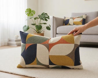Mid Century Modern Pillow Cover, Colorful Reno Geometric Lumbar Pillow, Retro 70s Cotton Cushion Case, Navy Rust Mustard Accent Decor