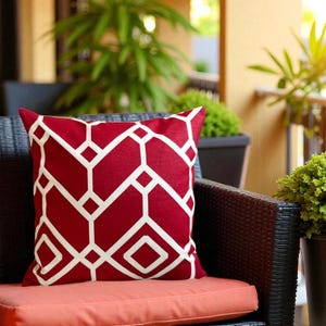 Red Outdoor Pillow Cover, Geometric White Pattern, Weatherproof Cushion, Patio Garden Decor, Modern Balcony Throw Pillow, Custom Size Pillow