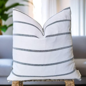 White Pillow Cover With Navy Stripes, Coastal Couch Pillow, Blue White Cushion, Minimal Farmhouse Style, Neutral Throw Pillow, All Sizes