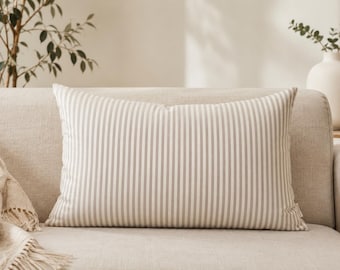 Beige Striped Pillow Cover, Neutral Woven Cotton Cushion, Farmhouse Throw Pillow Case, Minimalist Coastal Sofa Decor, Custom Size Euro Sham
