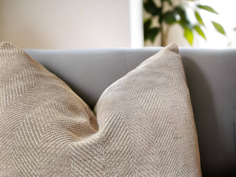 Textured Throw Pillow, Neutral Velvet Pillow, Greige Cushion, Herringbone Couch Pillow