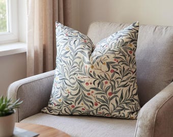 Neutral Beige Pillow Cover, Cool Gray Blue Vine Fall Cushion , English Cottage Throw Pillow, Vintage Farmhouse Living Room Accent Decor