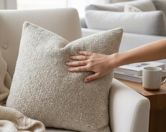 Boucle Pillow Cover, Beige Soft Cushion, Cozy Boho Pillow, Teddy Euro Sham, Neutral Puffy Pillow, Cream Lumbar Pillow, All Sizes Pillows