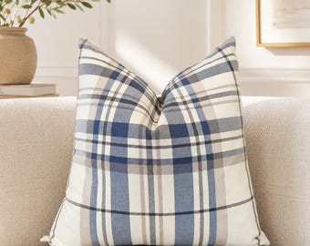Neutral Blue Plaid Throw Pillow, Woven Beige Tartan Euro Sham for Farmhouse, Taupe Navy Check Cushion, Coastal Cottage Accent, Sofa Decor