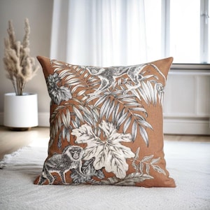 Terracotta Safari Pillow Case, Fall Jungle Monkey Cushion, Autumn Safari Theme Throw Pillow, Boho Exotic Decor, Brown Couch Pillow, All Size