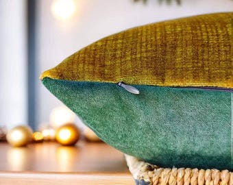 Mustard Olive & Green Velvet Reversible Pillow Cover, Modern Retro two-tone Cushion, Comfy Lumbar Decor Pillow. Yellow Green Euro Sham Case
