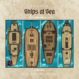 May include: Illustration of four wooden ships from a top-down perspective, each with detailed decks and rigging, set against a blue and white water background. The text "Ships at Sea" is displayed above the ships.