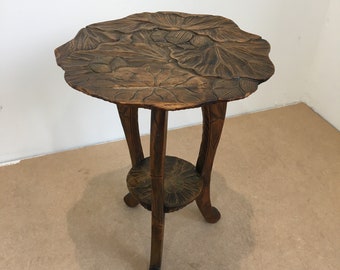 Antique Liberty Carved Wood Side Occasional Two Tier Three Leg Table