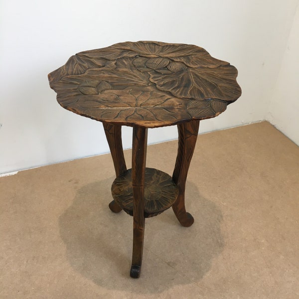 Antique Liberty Carved Wood Side Occasional Two Tier Three Leg Table