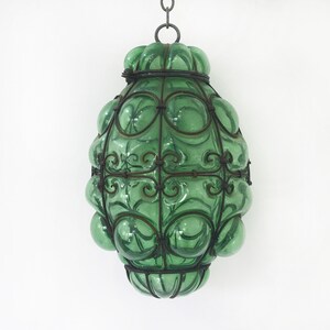 Vintage Mid Century SEGUSO MURANO Blown Green Glass Pendant Hanging Lamp Caged Wrought Iron Casing