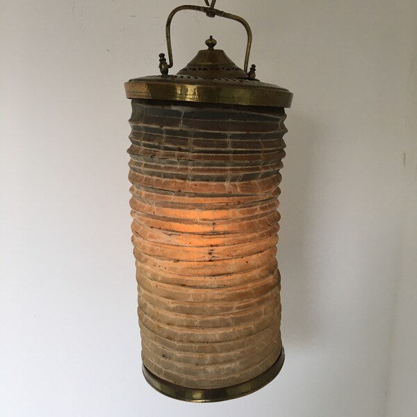 Rate Bohemian Antique Turkish Persian Ornate Brass and Canvas Folding Collapsible Concertina Hanging Candle Lantern Lamp