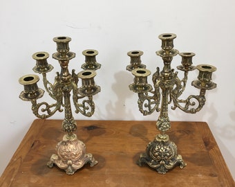 Pair of Large Antique Victorian/French Heavy Solid Ornate Brass Candelabras Dinnerware Tableware