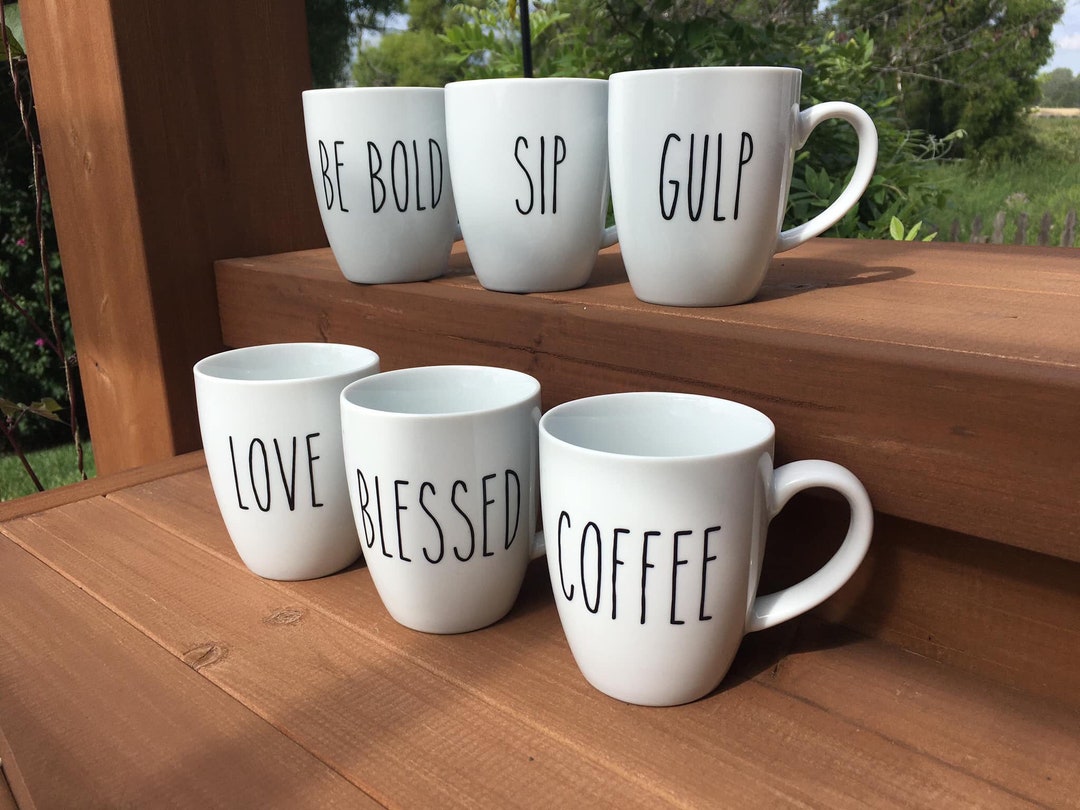 Set of 6 Farmhouse Style White Mugs, Medium Size 12 Ounce. Cozy Style ...