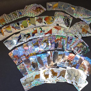Puede incluir: Una colección de cromos holográficos con varios animales y criaturas marinas. Las cartas tienen un acabado reflectante e iridiscente, con imágenes de peces, aves y mamíferos. Las cartas están dispuestas en forma de abanico.