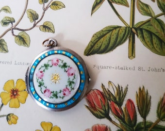 Antique Guilloché silver enamel floral photo locket. Early 1900's. Engagement gift.