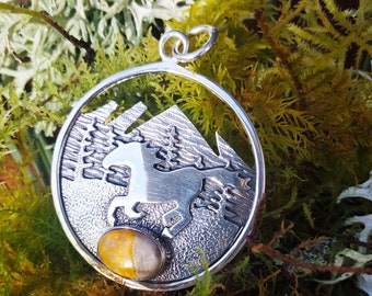 Handmade sterling silver horse pendant with bumblebee jasper gemstone. Equestrian gift