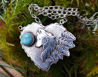 Handmade sterling silver wolf pendant necklace with larimar gemstone. Wildlife pendant necklace. Gift for girlfriend.