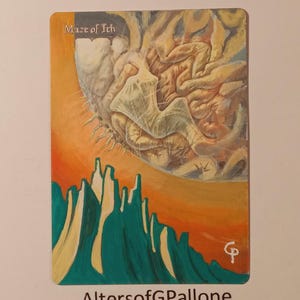 May include: A hand-painted altered art card of the Magic: The Gathering card "Maze of Ith". The card features a colorful, abstract design with a swirling, organic pattern in shades of yellow, orange, and green. The card is signed "AltersofGPallone" in the bottom right corner.