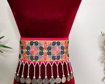 Vintage Hmong Paj Ntaub Obi Belt Boho Embroidered Wrap Money Belt 1970 main image 2