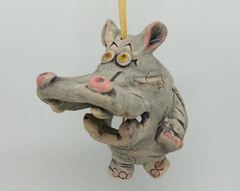 ceramic figurine bell gray hippo,animals figurine ceramic bell, home decor,handmade bell,gift for kids,hanger bell,collection bells,art deco