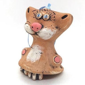 Ceramic Figurine Bell Red Cat, Made in Ukraine, Animals Figurine Ceramic Bell, Home Decor, Handmade Bell, Hanger Bells, Collection Bells