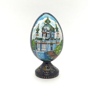Wooden Hand Painted Egg 5.1&#39;&#39;, Ukrainian Egg, Made in Ukraine, Easter Egg, Miniature, Patriotic Egg, Ukrainian Clothes, St. Andrew Church, Art