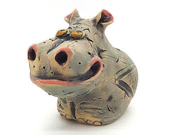 Ceramic Figurine Gray Hippo, Handmade Pottery Sculpture, Made in Ukraine, Ceramic Animals, Home Decor, Gift for Kids, Vintage Style Hippo