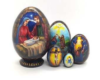 Wooden Hand Painted Nesting Doll Egg Shape 5 pieces 4.9'' Jesus Life Nesting Egg, Made in Ukraine,Christmas Gift, Easter Egg, Miniature, Art