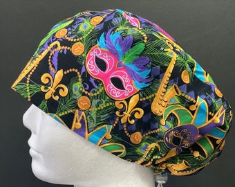themeprint Surgical Bouffant Hat MARDI GRAS Icons wLime Brim Handmade.