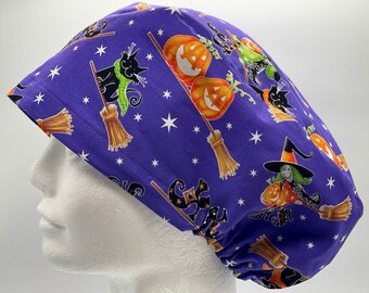 Glow in the Dark Spooky Broom Womens Euro Style Scrub Cap; Surgical Cap; Surgical Hat; OR Cap/Hat