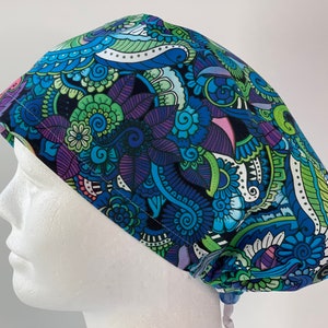 Packed Geo Blue Tones Womens Euro Style Scrub Cap; Surgical Cap; Surgical Hat; Surgical Cap; Nurse Hat; Nurse Cap; OR Cap; OR Hat