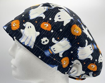 Glow in the Dark Spooky Ghosts + Pumpkin Womens Euro Style Scrub Cap; Surgical Cap; Surgical Hat; OR Cap/Hat