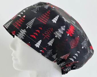 Christmas  Tree Holiday Fabric in Black Womens Euro Style Scrub Cap; Surgical Cap; Surgical Hat; OR Cap; ORHat; Nurse Hat; Nurse Cap