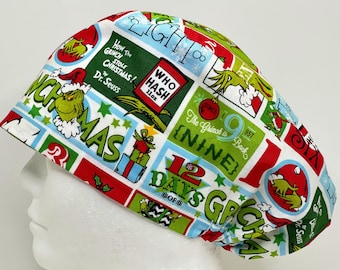 Grinchmas Block Womens Euro Style Scrub Cap; Surgical Cap; Surgical Hat; Nurse’s Hat; Nurse’s Cap; OR Hat; OR Cap
