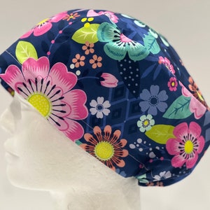 Bungalow Festival in Navy Womens Euro Style Scrub Cap; Surgical Cap; Surgical Hat; Nurse’s Hat; Nurse’s Cap; OR Hat; OR Cap