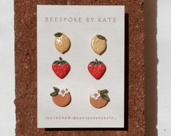 Lemon, Strawberry & Orange Stud Pack . Handmade using polymer clay and finished with gloss.
